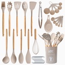 Lux Decor Collection 35 Piece Kitchen Utensils Set - High Heat Resistant Wooden Handle Silicone Cooking Utensils Set with Utensils Holder, BPA Free Cookware - Dishwasher Safe Kitchen Utensils - Khaki