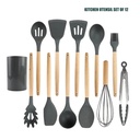 12-Piece Silicone Kitchen Cooking Utensil Set, BPA Free Silicone Spoon Spatula Turner Tongs Kitchen Gadgets Utensil Set W Wooden Handles, Cooking Gadgets for Non-Stick Cookware, Gray