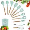 Haokaini 12 Pcs Silicone Cooking Utensils - Heat Resistant Kitchen Utensil Set with Wooden Handles, Spatula,Turner, Slotted Spoon, Pasta Server, Kitchen Gadgets Tools Sets for Non-Stick Cookware