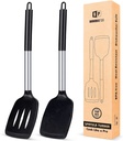 Bundlepro Pack of 2 Silicone Spatulas Turners, Non Stick Slotted and Solid Kitchen Utensils, Black