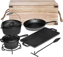 Bruntmor Camping Cooking Set of 7 - Pre Seasoned Cast Iron Pots, Pans, and Dutch Ovens with Lids for Outdoor Campfire Cooking - Skillet Grill Cookware Set with Storage Box