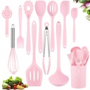 VIVAYO 12 Pieces Silicone Kitchen Utensils Set, Kitchen Cooking Spatula Sets with Holder for Cookware Heat Resistant Spoons, Turners,Tongs, Whisk, Basting Brush, Pink