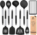 Bundlepro 8 Pcs Silicone Cooking Utensil Set, Kitchen Cookware with Stainless Steel Handle, Black
