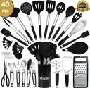 RFAQK Silicone Kitchen Cooking Utensil Set with Holder, 40Pcs Heat Resistant Set for Nonstick Cookware, Kitchen Gadgets Includes Can Opener, Potato Masher & Peeler, Tongs,Spatulas,Pizza Cutter & More