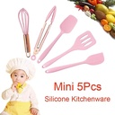 Kids Silicone Kitchenware Cooking Utensils Set Mini Kitchen Non-Stick Cookware Spatula Colander Baking Tool Cooking Dough Scrape Colour Pink