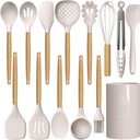 Kitchen Cooking Utensils Set,446°F Heat Resistant Non-Stick Silicone Cooking Utensil Set with Wooden Handles and Holder, Kitchen Gadgets for Cookware, Kitchen Accessories
