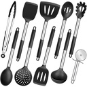 Black Kitchen Utensils Set of 10, Walchoice Heat-Resistant Silicone Cooking Utensil with Stainless Steel Handle, Include Turner,Spatula,Spoon,Tong,Pizza Cutter, Non-Toxic Dishwasher Safe