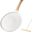 Motao Clearance Onstick Crepe Pan with Spreader 9.5 Inch Coating Flat Skillet Tawa Dosa Tortilla Pan Compatible with All Stovetops Cooking Utensils White Wood