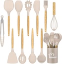 Silicone Cooking Utensils Set, KOSIY 12PCS Kitchen Utensils W/ Holder Wood Handle Non-Stick, Khaki