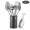 Mccook Stainless Steel Kitchen Utensil Set- MC60 Cooking Utensils for Kitchen, 9-Piece Kitchen Turner, Serving Spoon, Ladle, Skimmer Spoons, Fork, Pasta Server,Spoon Rest and Holder,Silver