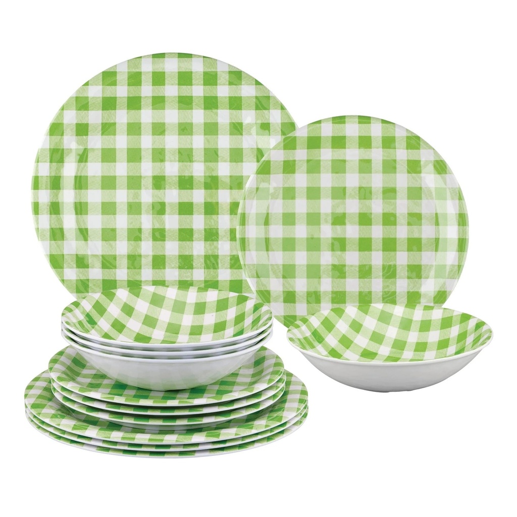 Upware 12-Piece Gingham Melamine Dinnerware Set - Green