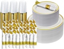 Prestee 350 Piece Gold Dinnerware Set - 50 Guest - Disposable Gold Dinnerware Set - 100 Gold Rim Plastic Plates - 50 Linen Feel Napkins with Spoons, Forks, Knives - 50 Gold (10Oz) Plastic Cups