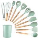 SOONHUA 12 Pieces Silicone Kitchen Utensils Set, Kitchen Cooking Spatula Sets with Holder for Cookware Heat Resistant Spoons, Turners,Tongs, Whisk, Basting Brush, Green