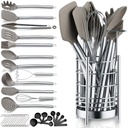 Reanea Silver 38 Pieces Silicone Kitchen Utensils Set with Sturdy Stainless Steel Utensil Holder