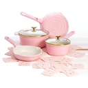 Paris Hilton Clean Ceramic Nonstick Cast Aluminum Cookware Set with Heart Shaped Lid Knobs, Pink