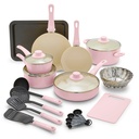 Greenlife 18-Piece Soft Grip Toxin-Free Healthy Ceramic Non-Stick Cookware Set, Pink, Dishwasher Safe