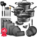 Cookware Set – 23 Piece –Black Multi-Sized Cooking Pots with Lids, Skillet Fry Pans and Bakeware – Reinforced Pressed Aluminum Metal - Suitable for Gas, Electric, Ceramic and Induction by BAKKEN Swiss