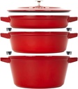 STAUB Cast Iron Set 4-Pc, Stackable Space-Saving Cookware Set, Dutch Oven, Skillet, Grill Pan with Universal Lid, Made in France, Cherry