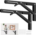 16 Inch Folding Shelf Brackets, Pynsseu Heavy Duty Stainless Steel Collapsible Black Shelf Bracket, DIY Triangle Folding Shelf Bracket Wall Mounted for Table Work Bench Space Saving, 2 Pack