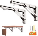 8-Inch Foldable Brackets for DIY Folding Shelves or Tables, L Shelf Brackets Collapsible, Heavy Duty Stainless Steel, Max Load 300Lbs, Silver, 2 Pcs