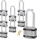 Master Lock Magnum Padlock - 2" W X 2-1/2"L Shackle, Eight (8) Keyed Alike Locks M5NKALJSTS-8 W/Bumpstop Technology