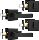 Probrico Exterior Black Door Handle with Double Cylinder Deadbolt Lock Set, Square Door Passage Lever Set with 6 Keys, Reversible for Left and Right Handed Door,All Keyed Alike for 2 Pack