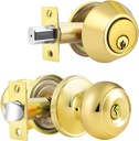 Probrico Door Knob and Double Cylinder Deadbolt Lock Set, Polished Brass Front Door Handle and Deadbolt,Keyed Alike Reversible Deadbolt and Knob Set, Exterior Door Lock Set with Deadbolt,4Pack