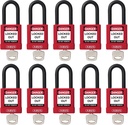 ABUS Red Pack of 10 Lockout Tagout Premium Solid Body Safety Padlock Set - OSHA Compliant Loto Locks Insulated against Electric Shock, Keyed Different, 1 Key per Lock