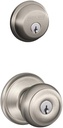SCHLAGE Satin Nickel FB50N V GEO 619 B60 Single Cylinder Deadbolt and F51 Entry Georgian Knob Keyed Alike, Finish, Security Set