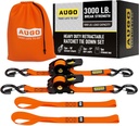 AUGO Retractable Ratchet Straps | 2 Heavy Duty Ratchet Straps Self Retractable Tie down Straps with Soft Loops & Storage Bag for Motorcycle, Truck, Trailer, Cargo Van | 3000 Lb Break Strength 2” X 10’