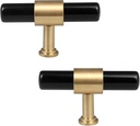 Mookaitedecor Set of 2 T-Bar Crystal Drawer Pulls Handles with Screws, Brushed Brass Stone Knobs for Cabinet Kitchen Dresser, Black Obsidian