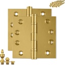 Heavy Duty Door Hinge Matte Brass Ball Bearing 4X4 Inch Heavy Duty with Decorative Screw-On Tips Included - Set of 2 Solid Brass Hinges (Satin Brass)