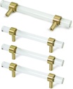 JEREVER Glass Brass Drawer Pull 4 Pack, Cabinet Handle Crystal Bar Pulls Gold Furniture Hardware for Kitchen Dresser (5.9" Length (3.75" Hole Center), Clear)